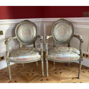 Pair Of Louis XVI Armchairs. Upholstered In Tassinari And Chatel Silk Lampas. 