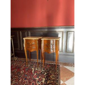 Pair Of Louis XV Style Bedside Tables In Marquetry And Marble