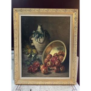 Large Still Life With Pomegranates – Oil On Canvas, Signed Eugène Claude