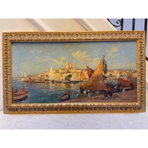 Oil On Canvas By Merio Ameglio Representing A Lively Mediterranean Harbour