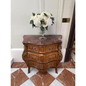 A Bombé Commode In Marquetry, Napoleon III Period, Louis XV Style, Red Marble