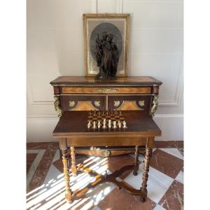 Walnut Burl Veneer Games Table With Marquetry Top – 2 Drawers – Early 20th Century