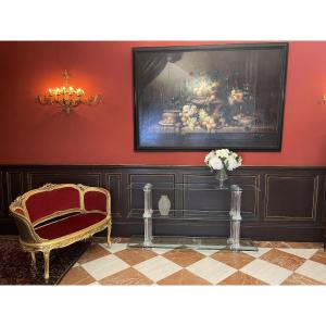 Large Console In Thick Glass And Fluted Columns - Hollywood Regency Style, 1970s