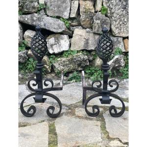 Pair Of Wrought Iron Andirons 19th Century 