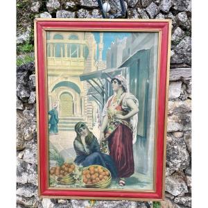 Large Oil On Canvas “orange Seller” 20th Century