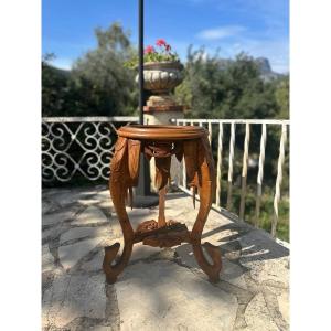 Small Sculpted Solid Walnut Stand With Marble Top, 20th Century 