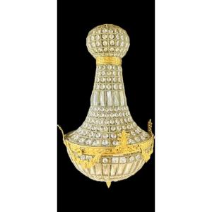 Large Hot Air Balloon Chandelier In Gilt Bronze & Faceted Glass Pendants, 20th Century 