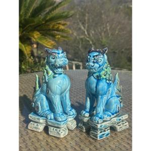 Pair Of Komainu Or Lion Dogs In Glazed Ceramic, 20th Century