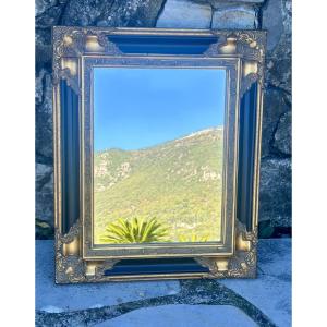 Baroque Mirror, Freestanding Or Wall-mounted, In Gilded Wood On A Black Background 