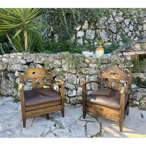 Pair Of Armchairs In Natural Wood And Leather, 20th Century 