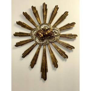 Imposing Gilded Wooden Glory Carved With "putti Heads" 19th Century Period.