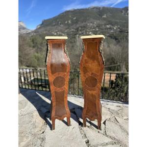 Important Pair Of "gates Or Columns" In Precious Wood Marquetry Circa 1900.