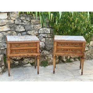 Pair Of Small Louis XVI Style Burrwood Chests Of Drawers Or Bedside Tables, 20th Century.