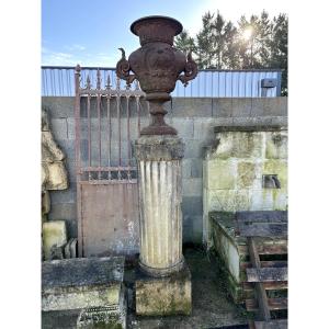 Set Of Three Sculpted Cast Iron Pots With Hard Stone Base
