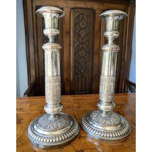 Pair Of Silver-plated Copper Candlesticks, Napoleon III, Goldsmith's Mark Present