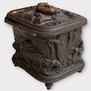 Bronze Jewelry Box, Signed Oudry, Hunting Scene With Dog And Horse, Napoleon III