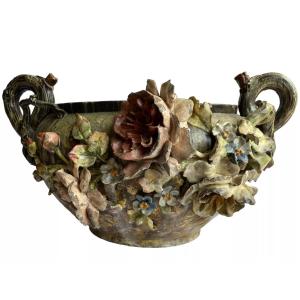 Oval Majolica Cache Pot, Jardiniere Or Planter By édouard Gilles, Napoleon III