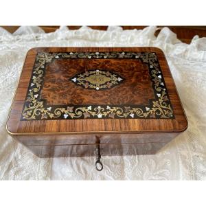 Antique French Inlaid Walnut Burl Veneer Jewelry Casket Box, Boulle Napoleon III Marquetry