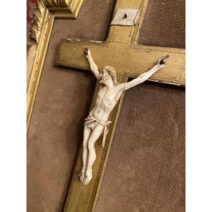 Ivory Hand Sculpted Christ Crucifix In A Gilded Frame, Late 19th Century