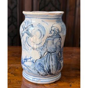 Cylindrical Albarello In Earthenware, Blue & White, 18th Century Pharmacy Jar, Italy, Naples
