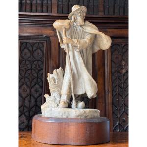 Sandstone Sculpture Of A Shepherd On A Wooden Base, Signed D. Vincent, Sèvres, Circa 1900