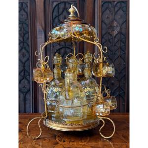 Gilded Brass Liqueur Service, Enamelled Crystal Carafes And Glasses, Napoleon III Circa 1860