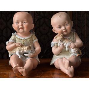 Pair Of Babies Piano In Biscuit - Decorative Figurine, Germany Late XIXth Century