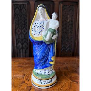Statue Of The Virgin And Child Jesus In Polychrome Enamelled Earthenware, 19th Century, Quimper