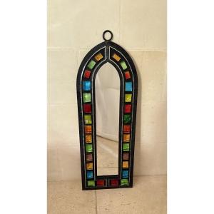Wrought Iron Mirror Surrounded By Raw Colored Glass Cabochons - 1970s - France