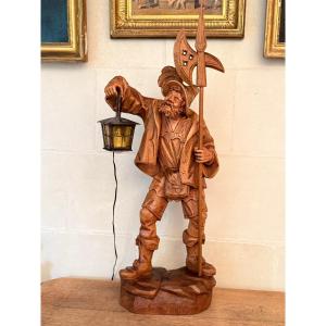 Monumental Lamp-sculpture "night Watchman" - Hand-carved Wood - Black Forest, Germany 20th Century
