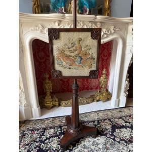 Regency Tripod Fireplace Screen - Small Dot Tapestry, Adjustable - English, Circa 1820