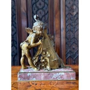 French School: Bronze With Gilded Patina On Marble Base, Angel Playing The Double Bass, 19th Century