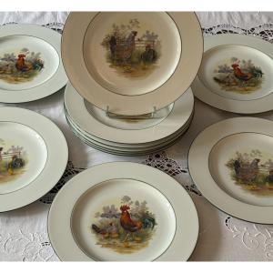 Set Of 12 Limoges Plates With Rooster Decoration, Green Border