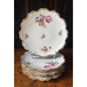 6 Limoges Porcelain Dessert Plates émile Madesclaire - Roses And Scalloped Gilding - Circa 1920