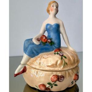 Figurative Porcelain Powder Box - Seated Woman - Circa 1920