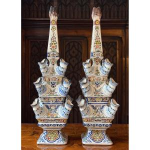 Pair Cobalt-blue Faience Tulip Vases With Cherubs–hand-painted, Dutch 17th, French Manufacture