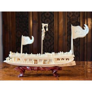 Finely Carved Ivory Imperial Junk, Decorated With Fifty-four Figures – Canton