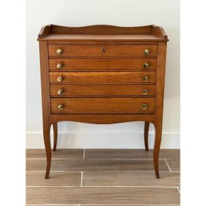 Carved Oak Flatware Cabinet With Crimson Red Felt Compartments – France, Late 19th Century