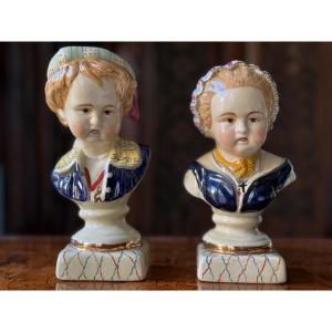 Pair Of Glazed Porcelain Busts Of Children, Staffordshire, England, 20th C