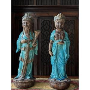 Pair Of Glazed Ceramic Statues Of Immortals, China - 20th Century