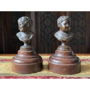 Pair Of Bronze Busts "laughing John, Weeping John", 19th Century