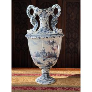 Baluster Vase With Serpentine Handles In Delftware, 18th Century