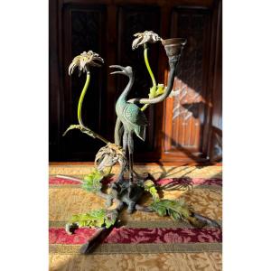 Decorative Bronze Sculpture, Candelabra In The Japanese Style - French School, 20th Century