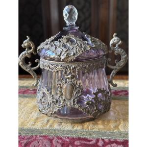 Blown Crystal Bonbonnière, Chased Bronze Mount, France, 19th Century  