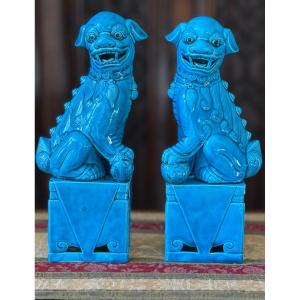 Pair Of Glazed Ceramic Foo Dogs, China, 20th Century  