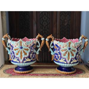 Pair Of Art Nouveau Majolica Cachepots, 19th Century - France 