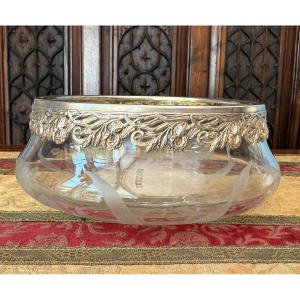 Engraved Crystal Salad Bowl, Silver Mount 1st Title, Minerve Hallmark France, Art Nouveau