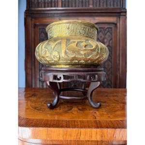 19th Century Islamic Repoussé Brass Planter - Middle East - With Exotic Wood Stand