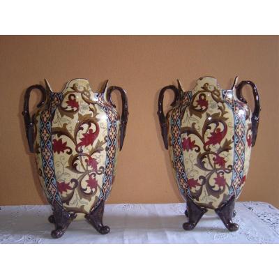 Pair Of Vases In Gien Faience