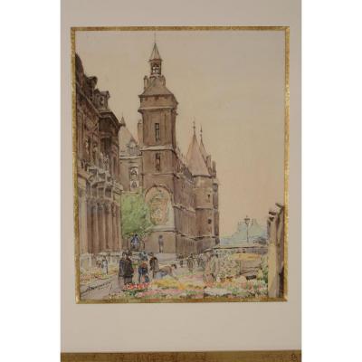 Flower Market In Front Of The Conciergerie - Marcel Brimeau 1889-1990